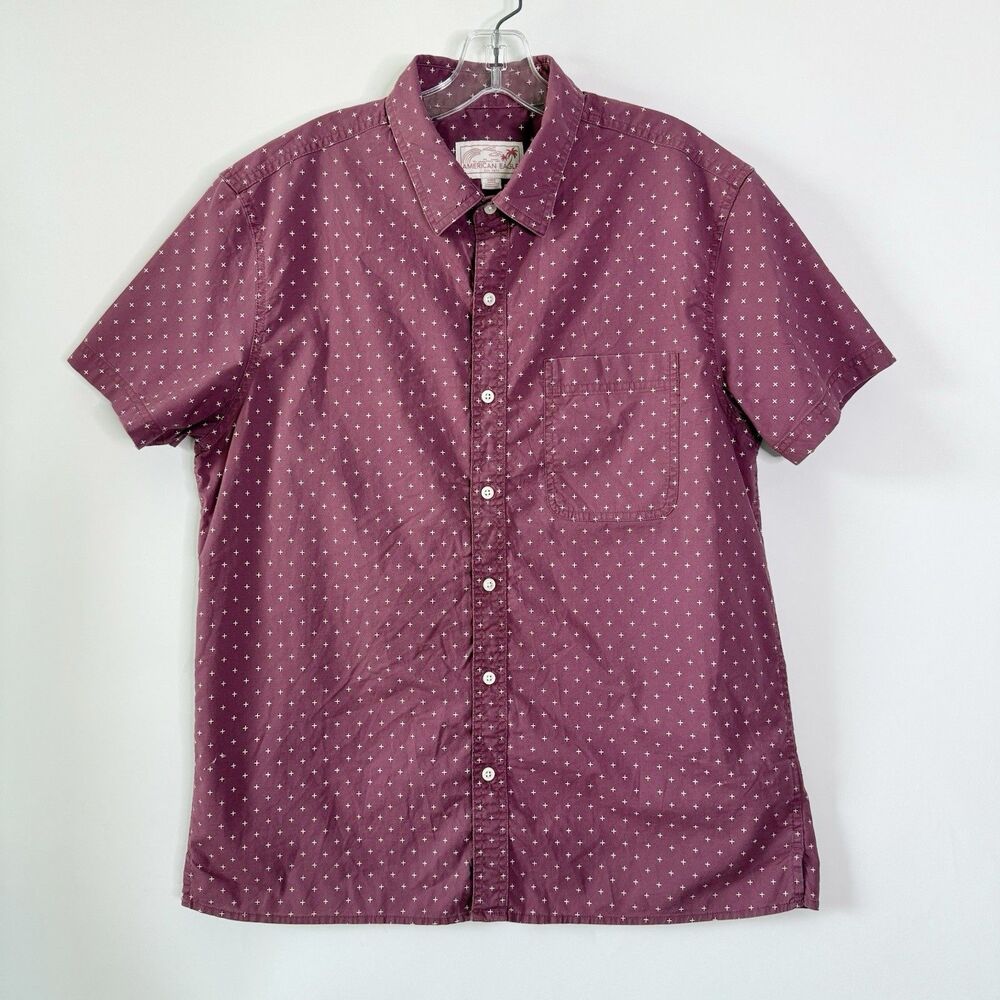 American Eagle Button-Down Short Sleeve Shirt Men's Large Flat Maroon Red White